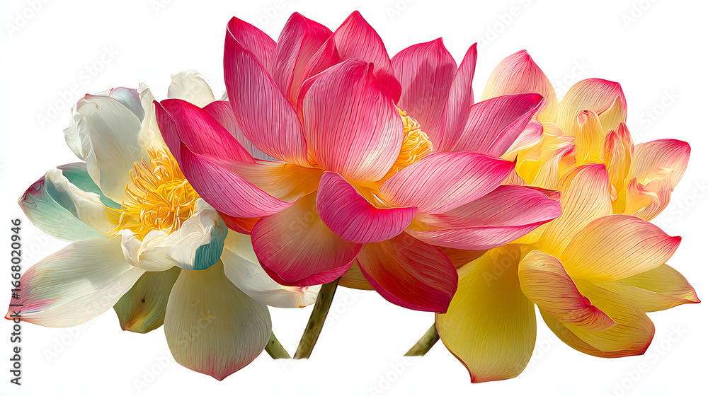Fototapeta premium A trio of lotus flowers in full bloom, featuring pink, white, and yellow petals, creating a vibrant and serene floral display.