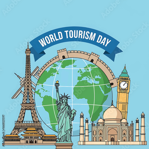 Flat vector illustration of famous world landmarks—Eiffel Tower, Taj Mahal, Statue of Liberty, Great Wall, World Tourism Day