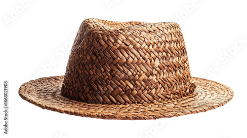 Brown woven straw hat isolated on transparent background 