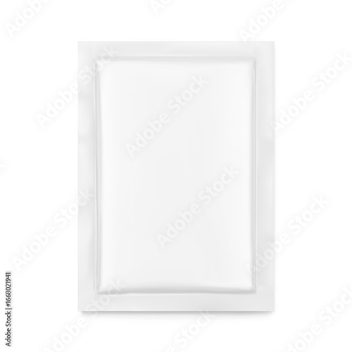 Four side seal sachet bag mockup. Flat lay view. Vector illustration isolated on white background. Can be use for template your design, presentation, promo, ad. EPS10.