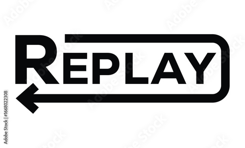 Minimalist black and white graphic of replay in bold geometric font. Numbers connected by wave-like line with arrows, symbolizing transition. Clean, modern, rectangular frame design.	