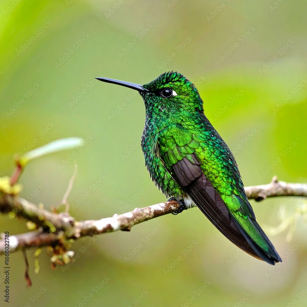 Fototapeta premium Green Hummingbird Perched on Branch, Rainforest