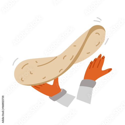 The chef's hands are tossing and stretching the pizza dough. Professional pizza rolling. Flat color isolated illustration. Pizza making process. The dough is spinning in the air with a person's hands