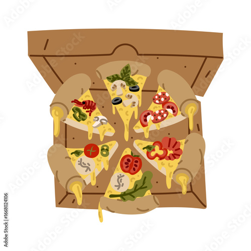 finished round pizza is cut into triangular pieces, top, in box. Each piece has different filling. Mozzarella, shrimp, tomato. Flat color illustration. Fast food, homemade pizza. Marketing. Delivery