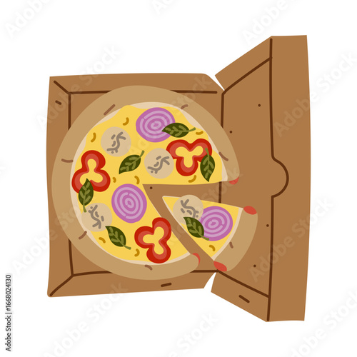 Ready-made round pizza with cut-off piece, top, in box. Filling. Cheese, mozzarella, pepper, onion, spinach. Flat color illustration. Fast food, homemade pizza. Handmade. Marketing pizzeria. Delivery