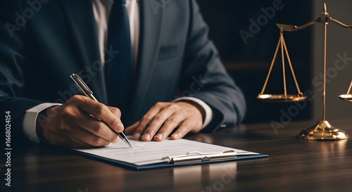 Lawyer signing legal document in office with scales of justice as background representing legal