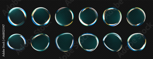 3D water drop icons set with refraction and holographic effects, isolated on a dark background. Transparent liquid glass sphere rendered with dispersion, rainbow gradients. 3D vector morphism