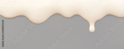 3D white melting ice cream border isolated on a gray background. Realistic soft liquid texture cream, lotion, yoghurt or dripping vanilla glaze, condensed milk, nail polish, slime, or icing. 3D vector