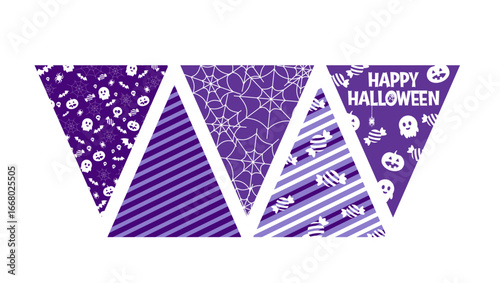 Halloween decorations triangular flags print out the layout and hang with skulls, bats, cobwebs, spiders, candies and ghosts