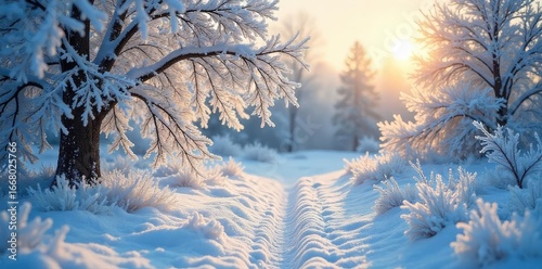A frosted winter landscape, sunlight glistening on ice-covered branches and a dusting of fresh snow on the ground Perfect for winter wonderland, holiday, and seasonal themes , shadow, texture