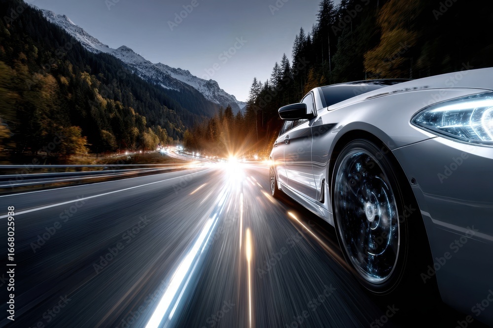 Naklejka premium Fast car racing down mountain highway during twilight with blurred lights in the background