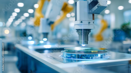Inside an ultra-clean semiconductor fabrication facility, automated wafer handling systems with robotic arms move silicon wafers between glass substrate processing equipment. 