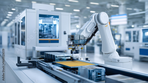 Inside an ultra-clean semiconductor fabrication facility, automated wafer handling systems with robotic arms move silicon wafers between glass substrate processing equipment. 