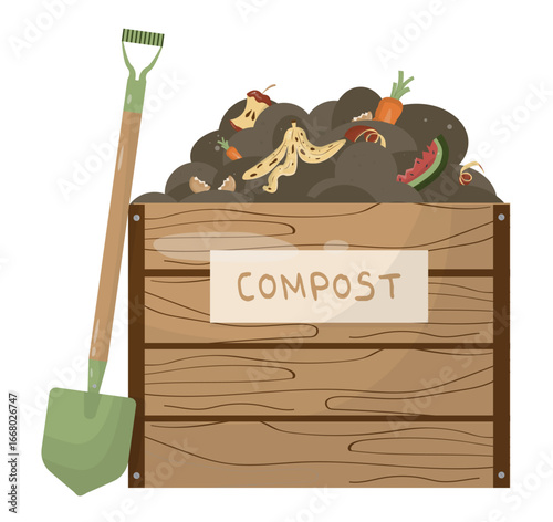 Wooden Compost Bin with Garden Spade Tool. compost bin filled with organic waste and decomposing materials for sustainable gardening. Bio waste. Organic waste. Compost. Flat style. Vector illustration