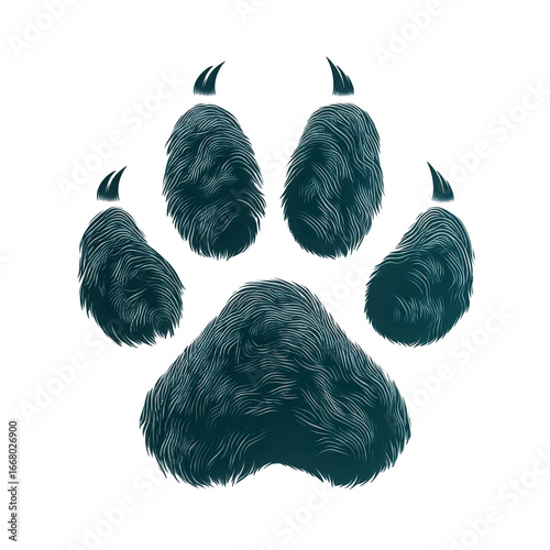 A detailed illustration of a dark blue animal paw print with visible fur texture and sharp claws, isolated on a clean transparent background, symbolizing wildlife and nature