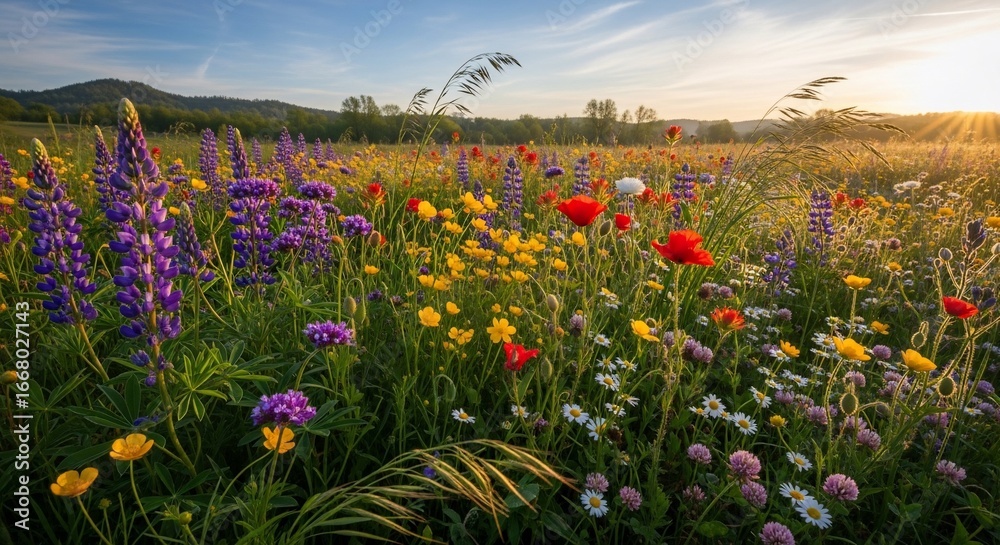 Obraz premium Vibrant wildflower meadow landscape with lupines and poppies under sunlight