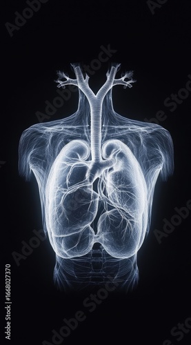 X-ray graphic of human torso, lungs, heart, and trachea