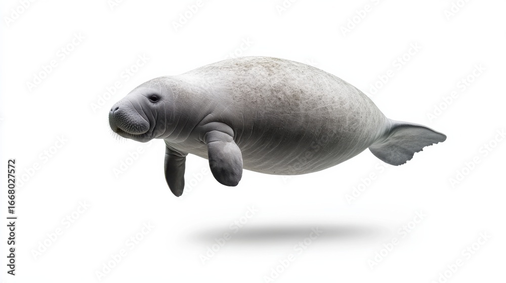 Fototapeta premium Graceful manatee floating on white background