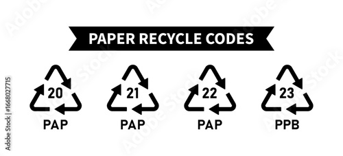 Paper recycling code icon set, Cardboard boxes recycling codes 20, 21, 22, 23 industrial factory use, triangular pap recycling symbols in black color, Vector illustration.
