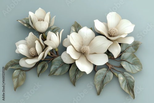 A delicate arrangement of magnolia blossoms in soft pastel tones, beautifully rendered in a 3D style, against a muted backdrop.