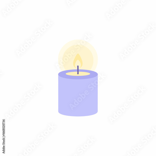 Simple flat design illustration of a lit purple cylindrical candle with a warm glowing flame.