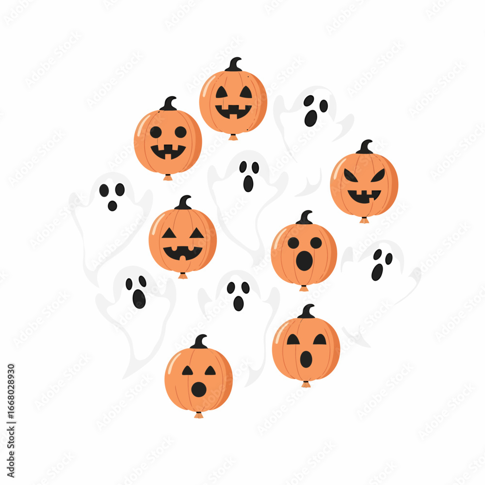 Fototapeta premium A festive collection of cartoon jackolantern balloons and spooky white ghosts with varied expressions.