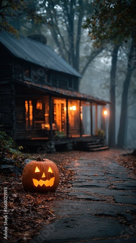 Halloween misty cabin with jack - o' - lantern