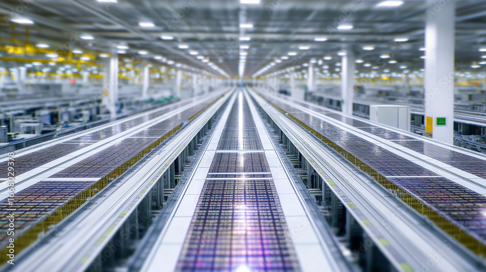 A vast semiconductor foundry is shown with multiple, parallel production lines manufacturing custom integrated circuits. The massive scale of the contract manufacturing facility A vast semiconductor foundry is shown with multiple, parallel production lines manufacturing custom integrated circuits. The massive scale of the contract manufacturing facility