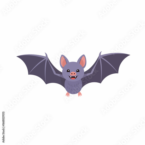Cute purple cartoon bat with big ears and fangs flying with wings spread wide.