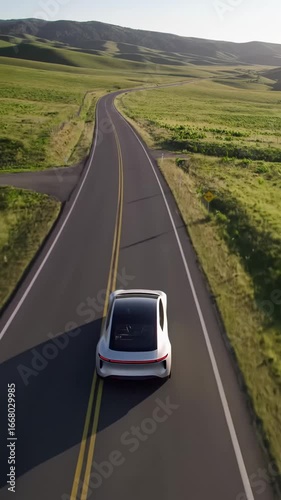 High-angle aerial drone video tracks a sleek, minimalist electric vehicle on a winding road through verdant rolling hills and clean mountains under a clear sky with golden hour light. Concept of