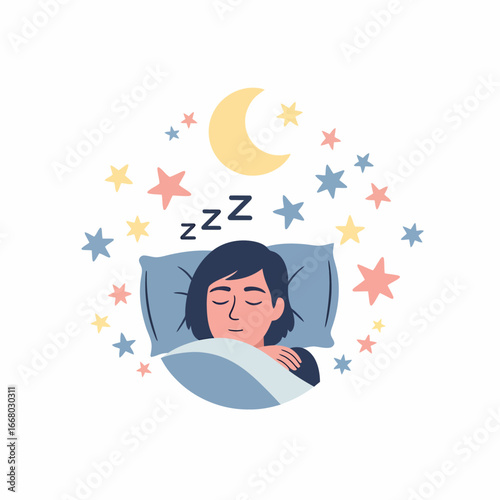 Peaceful slumber of a young woman sleeping soundly under a starry night sky.