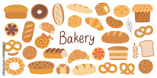Bakery assortment illustration with bread pastries and sweets on white background