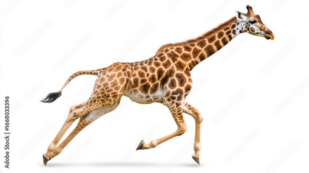 Obraz premium Running giraffe in motion against a white background