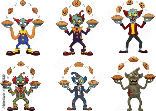 Zombie clown juggling pies, funny undead performer, Halloween circus character, scary comedy concept, cartoon style illustration, spooky entertainment, monster humor