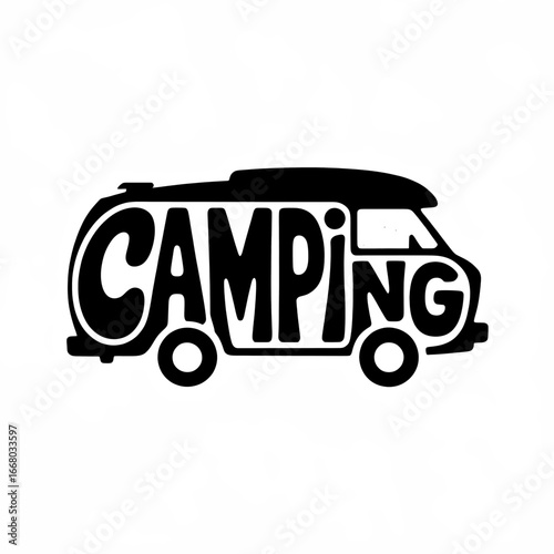 Vintage camper van with camping text in bold font on a white background for outdoor adventure themes
