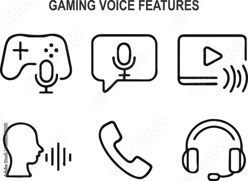 Gaming Voice Features Minimal Vector Icons – Gamepad Mic, Squad Voice Chat, Live Stream Commentary, Player Avatar Soundwave, Team Call, Gaming Headset