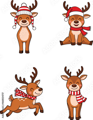 Cartoon reindeer with Christmas hats and scarves, cute festive deer characters, holiday season illustration, winter and Christmas theme