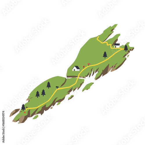 Stylized Island Map with Hiking Trail, Houses, and Evergreen Trees