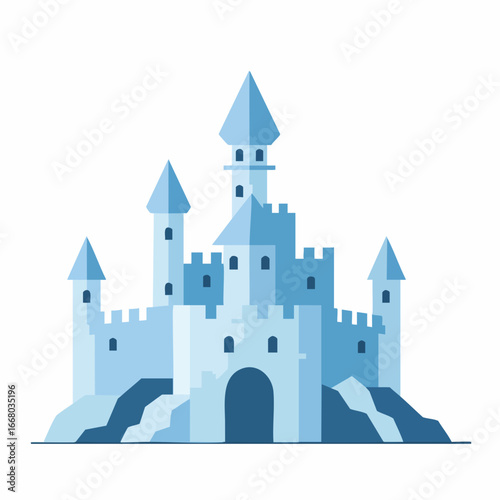 Flat Design Blue Castle with Pointed Towers on Rocky Base Illustration