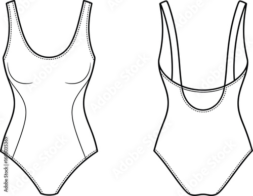 Women's one-piece swimsuit, sleeveless scoop neck swimwear, front and back view, detailed fashion flat sketch, stylish beachwear design template illustration