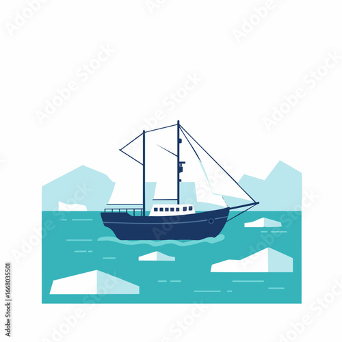 A stylized sailboat navigating icy waters with icebergs and open sails.
