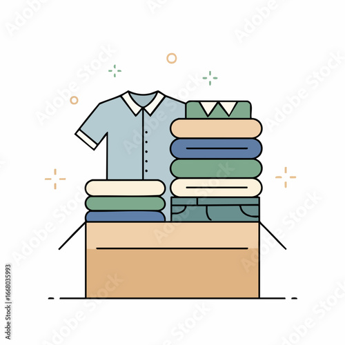Neatly Folded Clothes Stacked in a Cardboard Box with a Buttoned Shirt