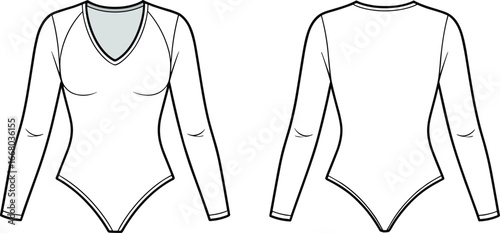 Long sleeve women's bodysuit flat sketch, V-neck leotard technical drawing, apparel design template, clothing vector illustration, fashion garment sewing blueprint