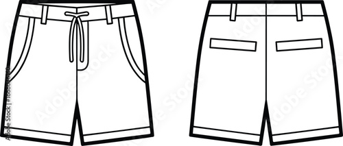 Men’s casual shorts flat sketch, drawstring waistband technical drawing, apparel design template, clothing vector illustration, summer fashion garment sewing blueprint