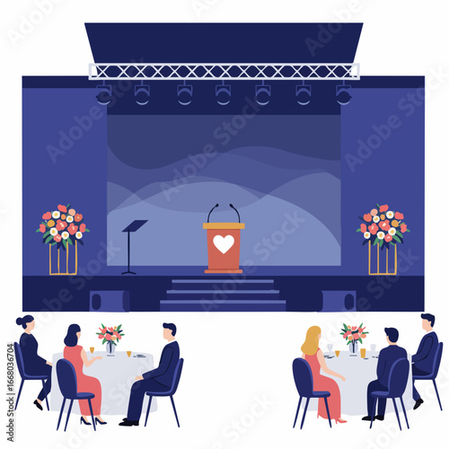 Elegant Stage and Tables with Guests, Ready for a Formal Event.