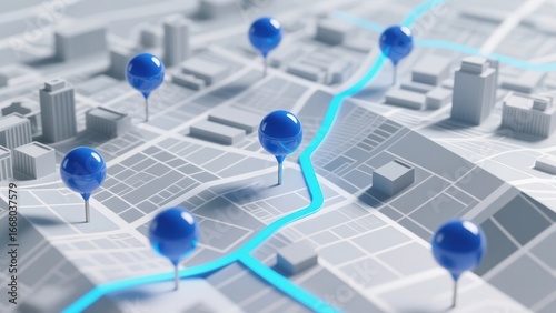 A modern 3d map in grayscale with glossy cobalt blue pins linked by glowing blue route line, showing navigation and route optimization software, route planner, route software