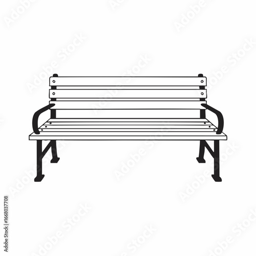 Stylized Black and White Park Bench with Curved Armrests and Slatted Seat