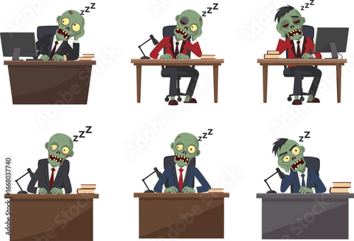 Funny zombie office workers sleeping at desks, tired undead employees, cartoon illustration, corporate burnout, workplace fatigue, humorous business concept