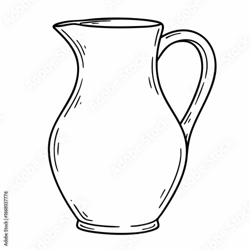 Hand-Drawn Pitcher Illustration with Curved Handle and Spout, Black Outline