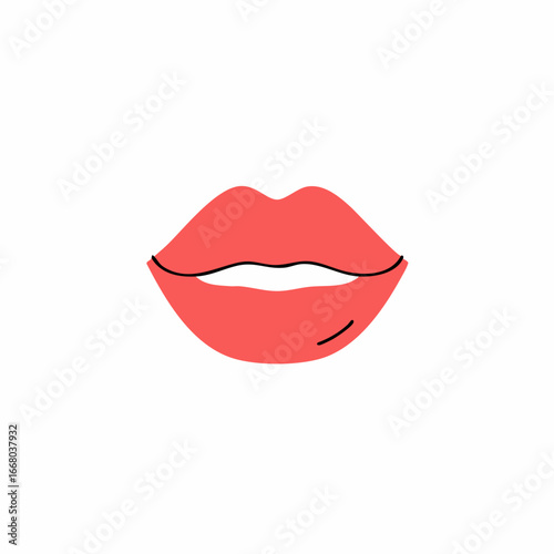 Simple Vector Illustration of Red Lips with Black Outline.